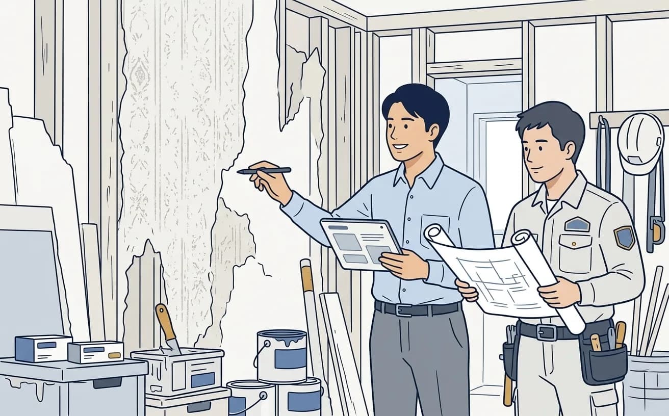 リフォーム会社の調査員が現場でタブレットに採寸記録を入力しているイラスト