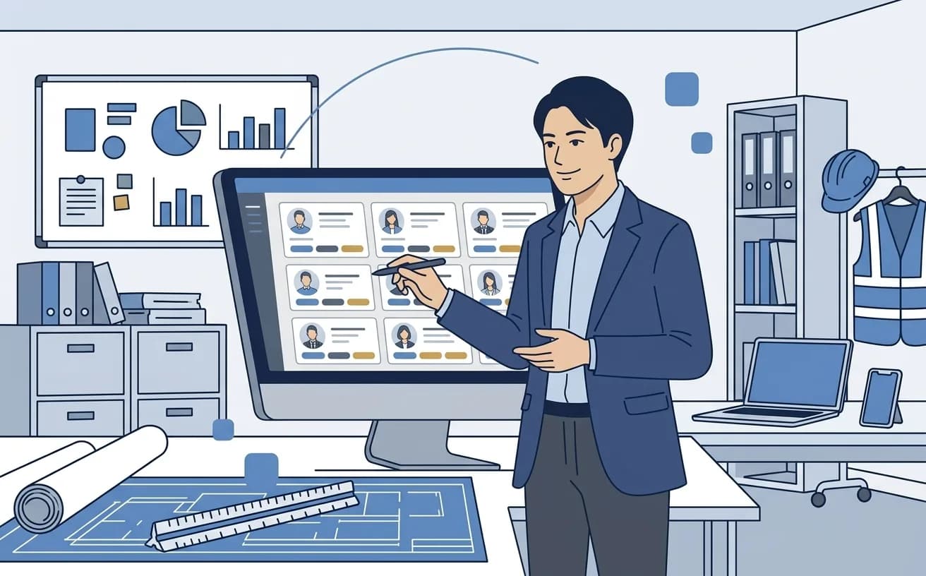 リフォーム会社の担当者がPCで契約変更とクレーム対応の履歴を確認しているイラスト