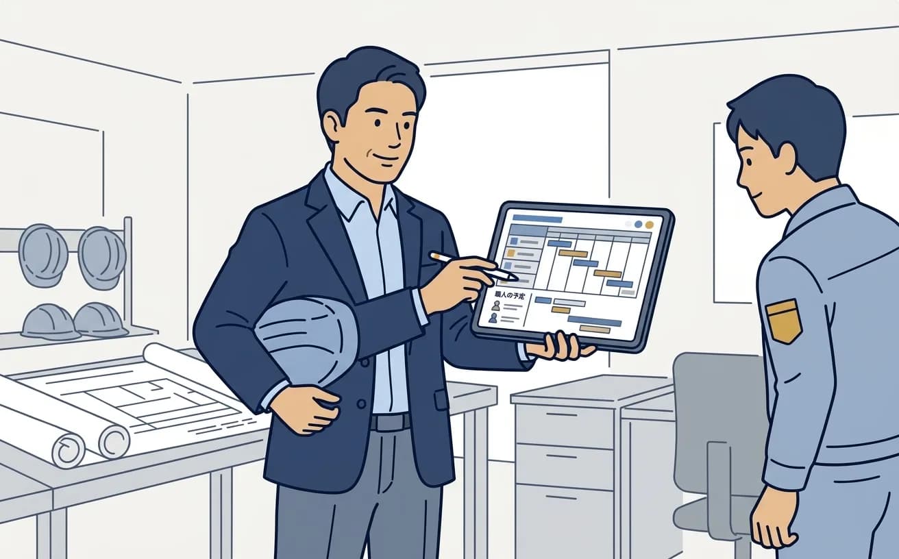リフォーム会社の責任者がタブレットで工程表と職人の予定を確認しているイラスト