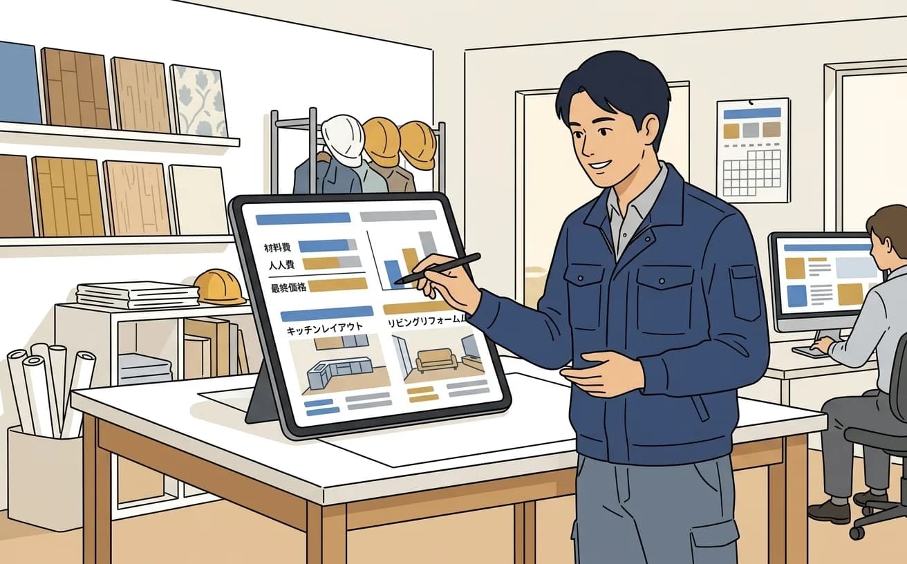 リフォーム会社の担当者がタブレットでAI見積ドラフトを確認しているイラスト