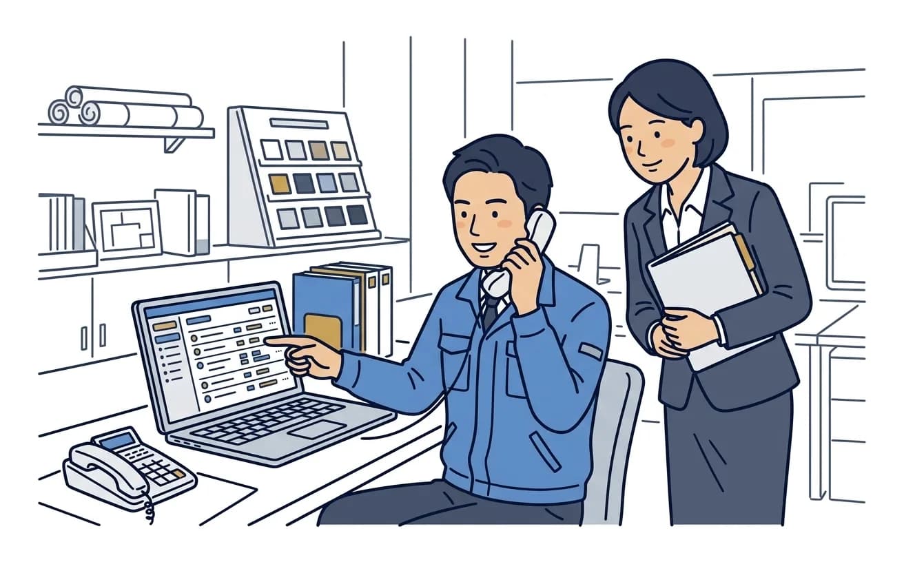 リフォーム会社の事務所で営業担当が案件一覧を見ながらお客様に電話しているイラスト
