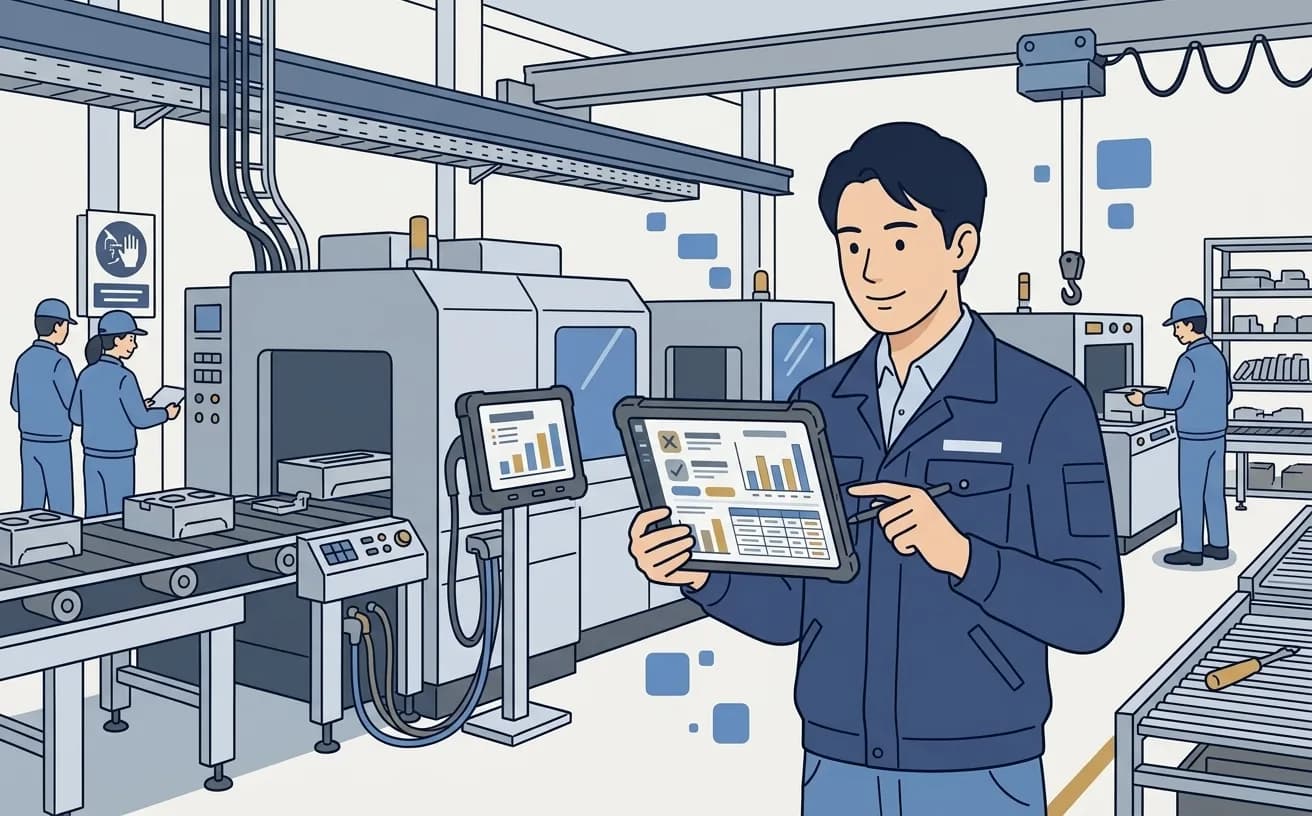 製造業の管理者がタブレットで品質検査AIの結果を確認しているイラスト