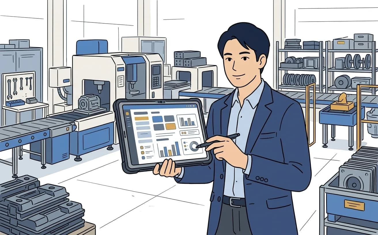 製造業の管理者がタブレットで生産管理ダッシュボードを確認しているイラスト