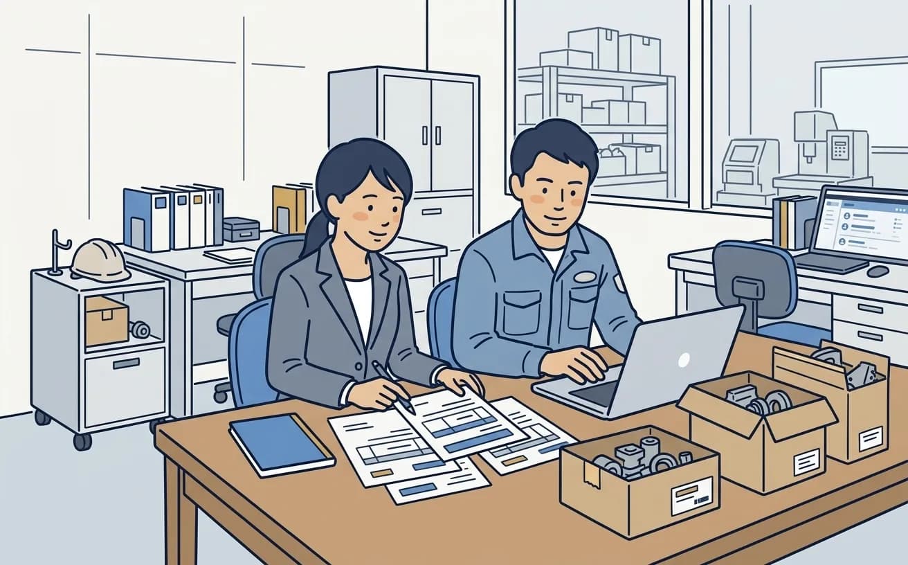 町工場の事務所で購買担当と生産管理担当が注文書と納品された部品を見比べながらパソコンで外注先との取引記録を確認しているイラスト