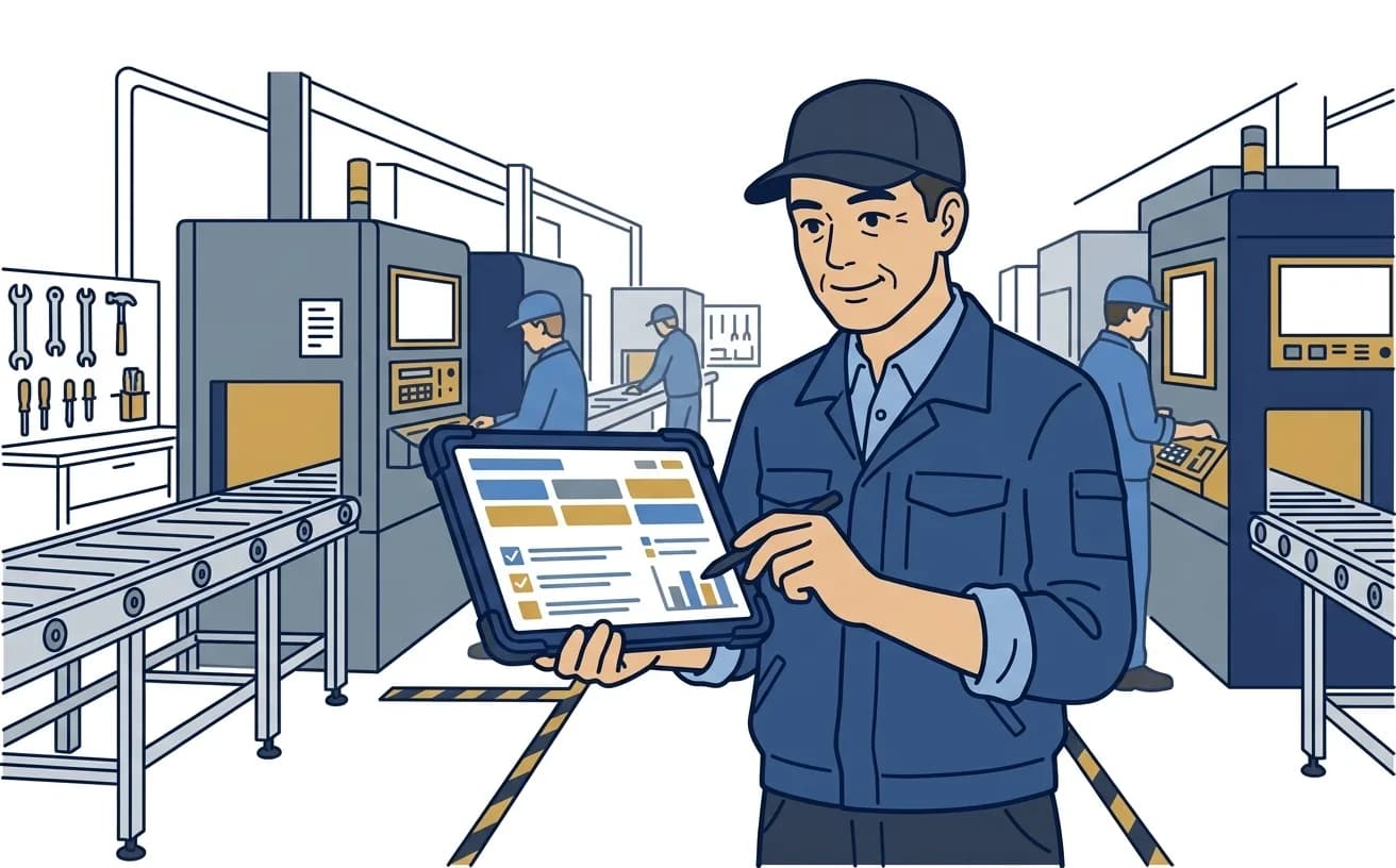製造業の作業者が工場でタブレットに作業日報を入力しているイラスト
