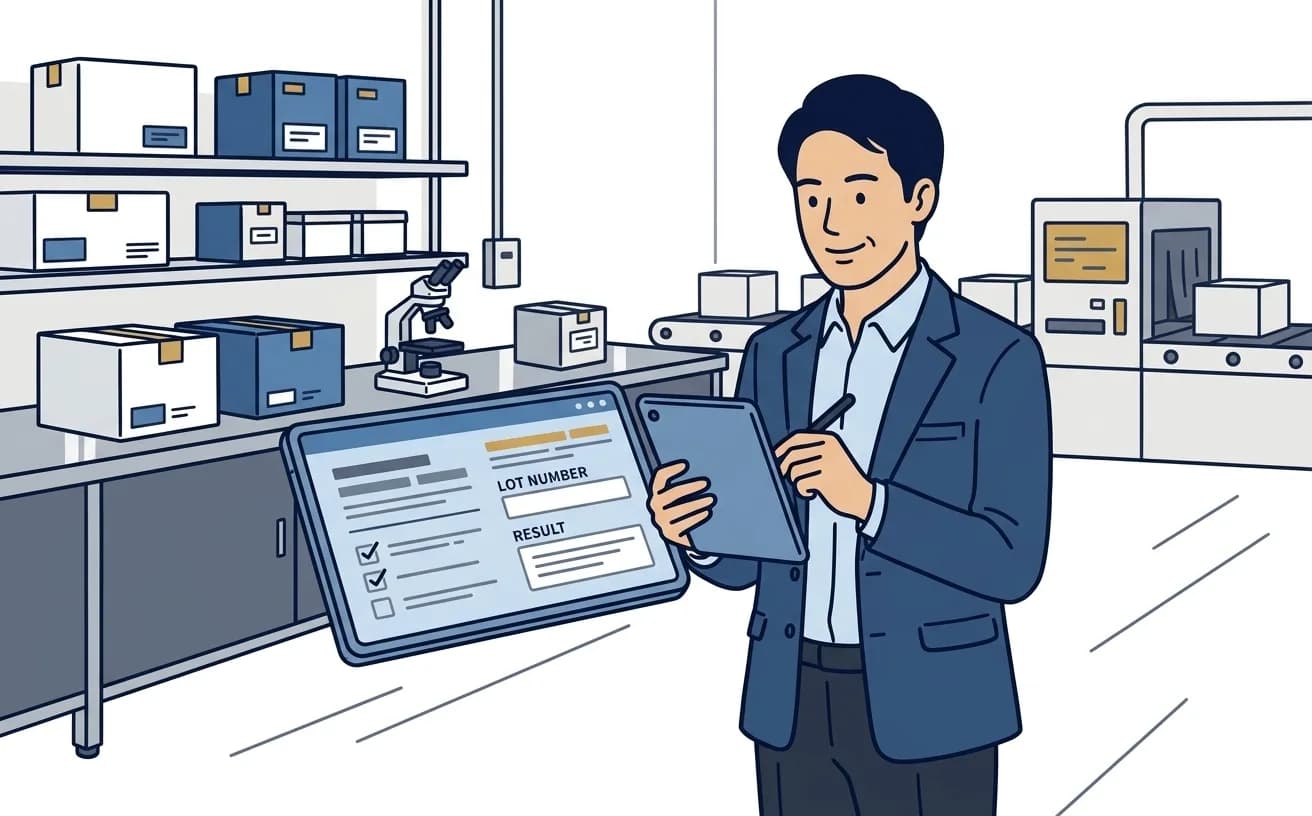 製造業の品質管理担当者がタブレットで検査成績書のデータを入力しているイラスト