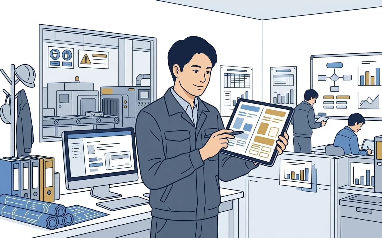 製造業の管理者がタブレットで見積と原価のデータを見比べているイラスト