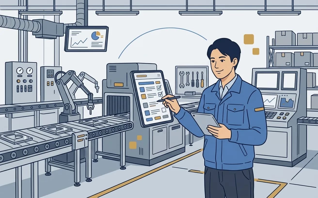 製造業の設備管理者が工場でタブレットに点検記録を入力しているイラスト