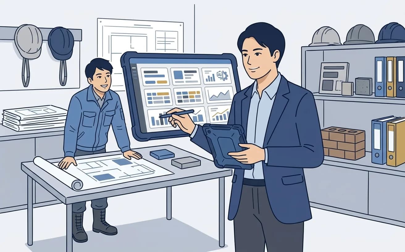 設備工事業の管理者がタブレットでAI見積作成の画面を確認しているイラスト