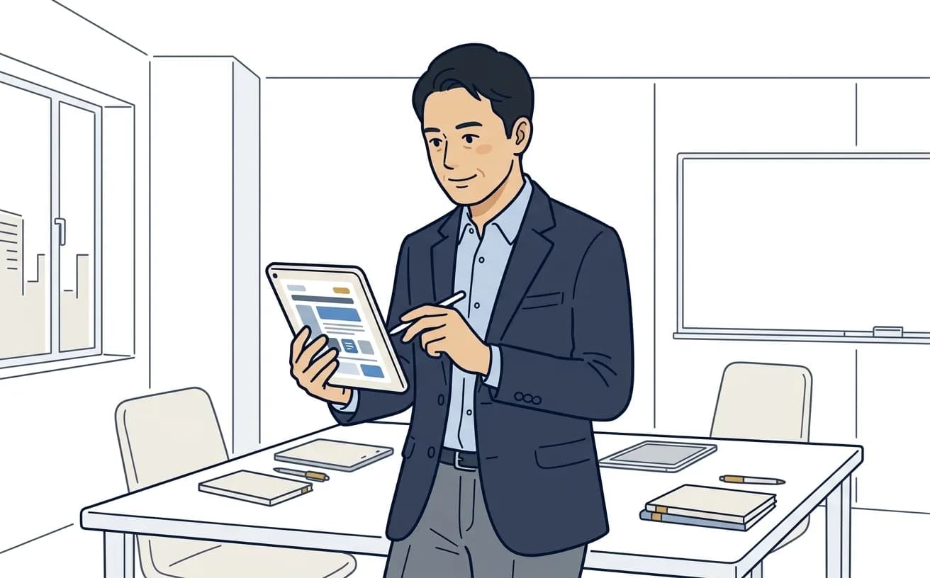 管理職がタブレットで社内AIガバナンスのガイドラインを確認しているイラスト
