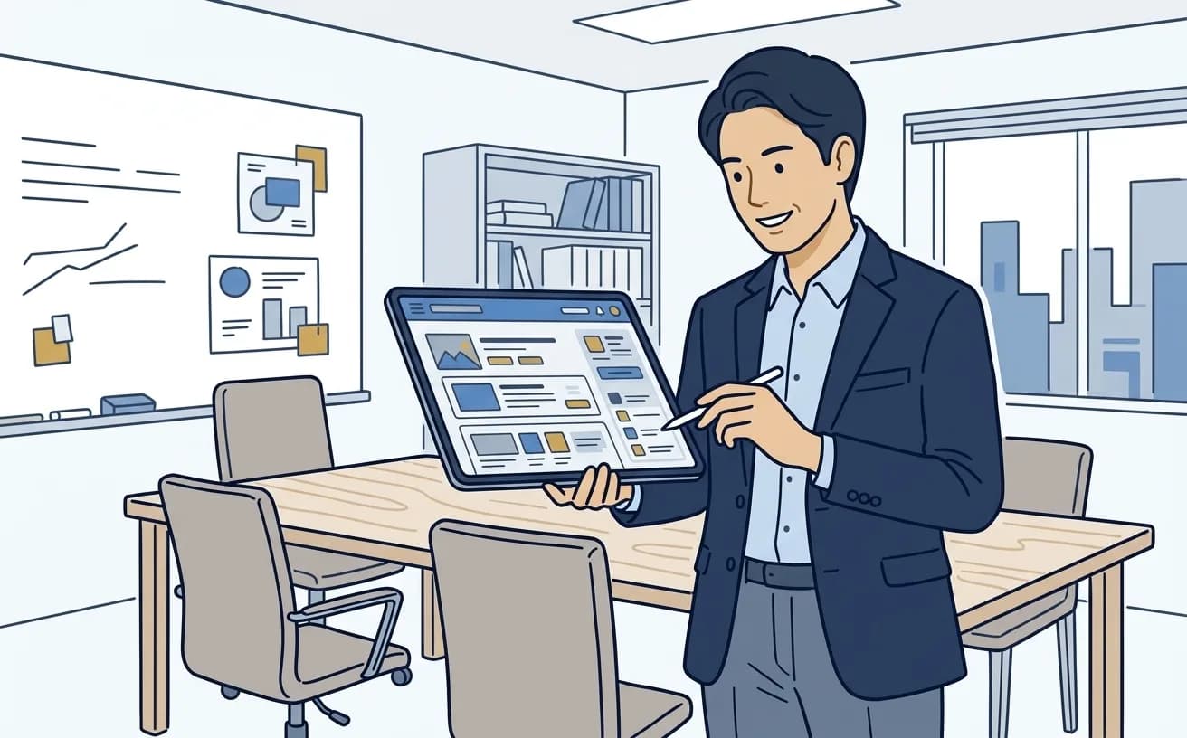 情報システム担当者がタブレットで社内ナレッジポータルの画面を確認しているイラスト