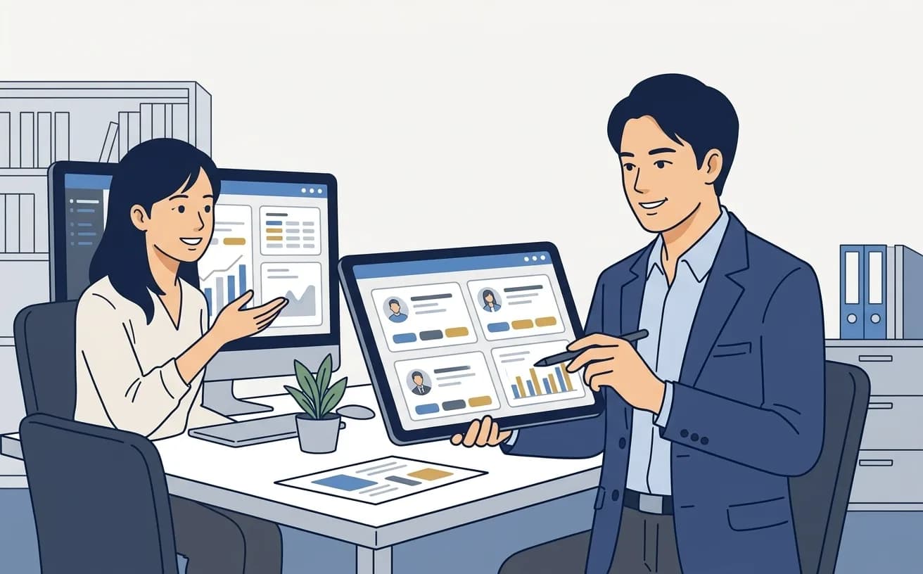 管理職がタブレットでAIシフト管理ツールの比較画面を確認しているイラスト