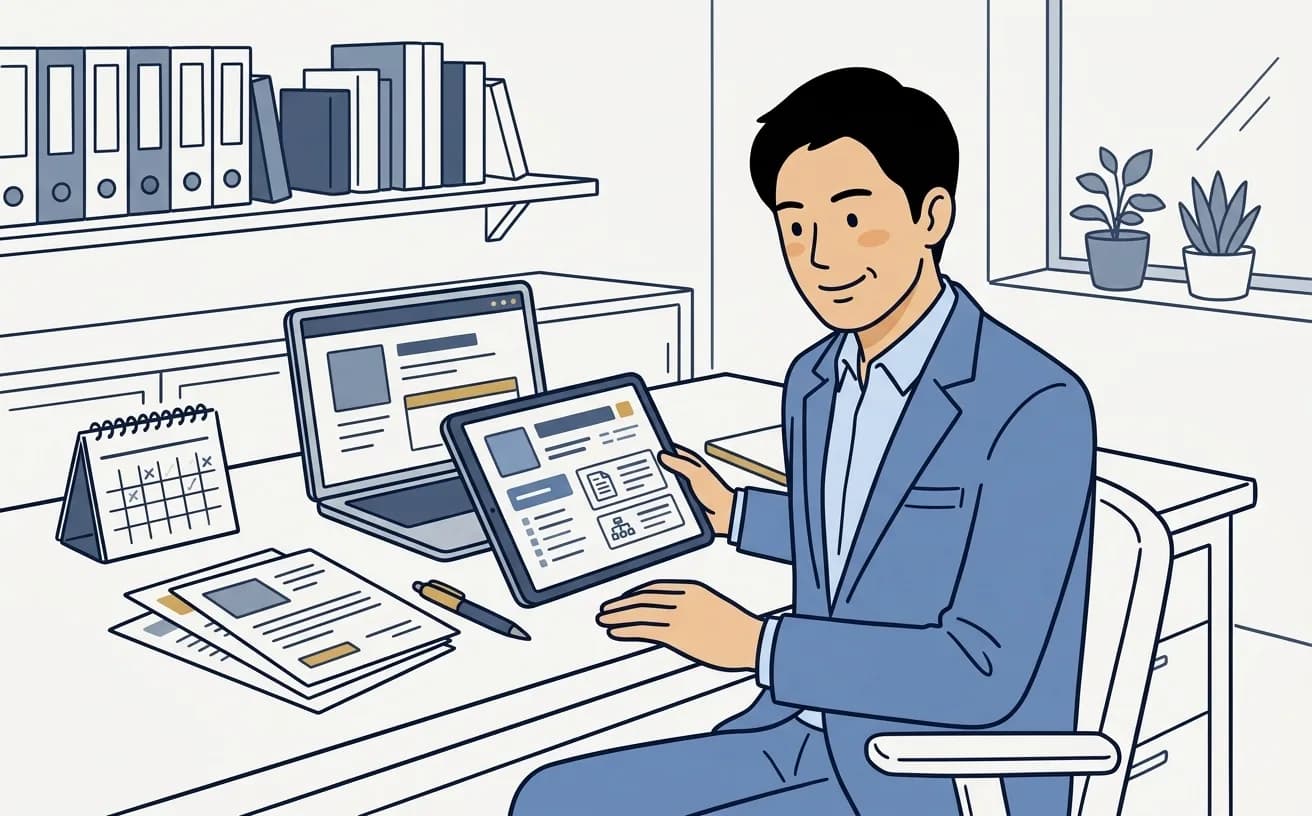 士業事務所の税理士がタブレットでAI書類作成の画面を確認しているイラスト