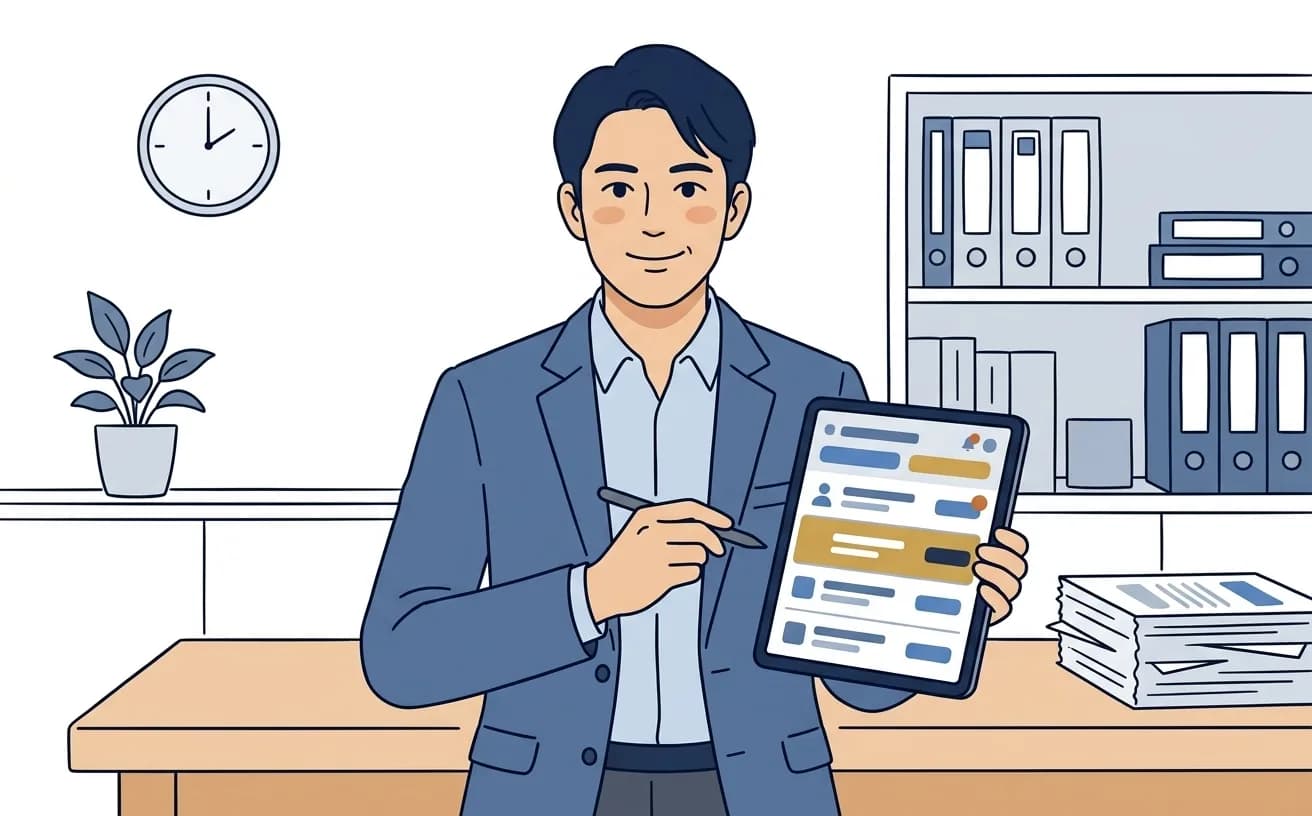 士業事務所の担当者がタブレットで期限管理の一覧を確認しているイラスト