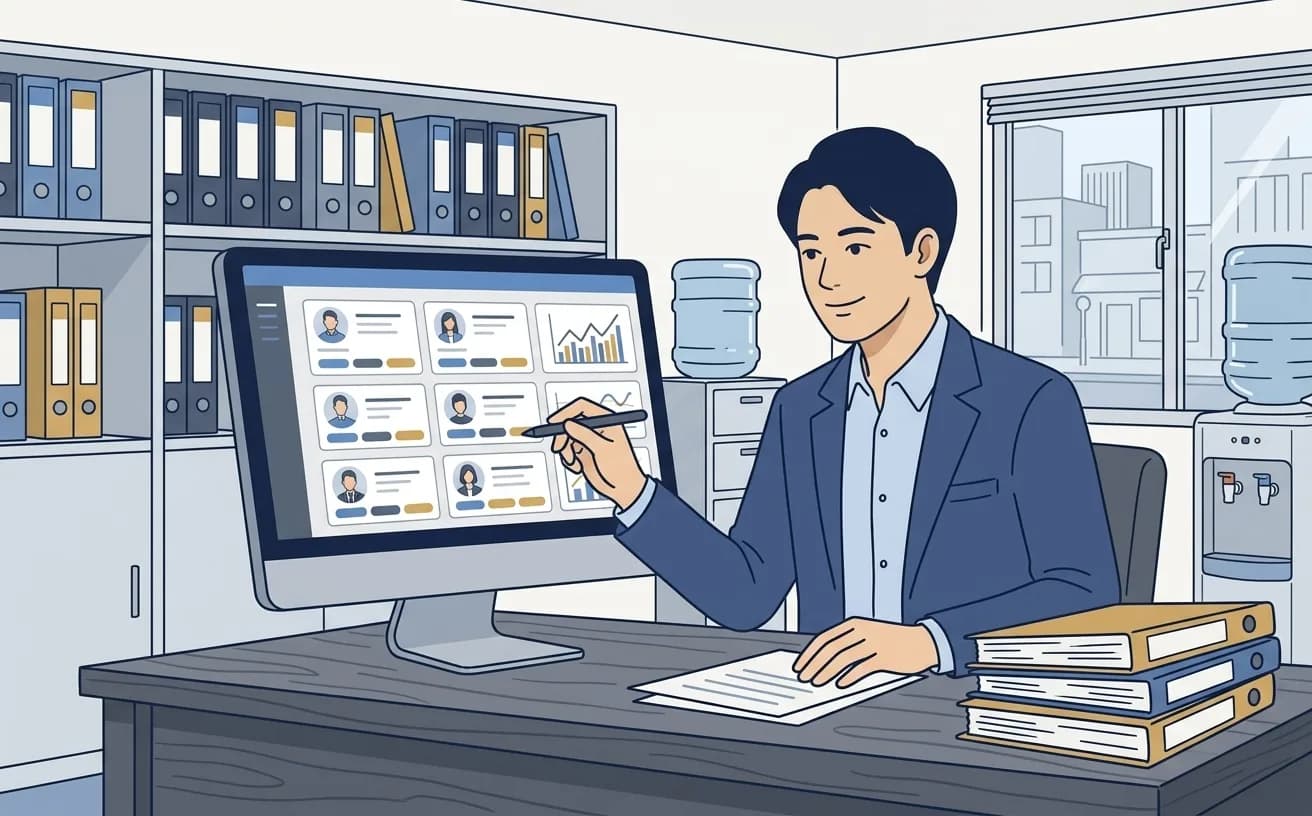 士業事務所のスタッフが顧問先の請求・入金状況をダッシュボードで確認しているイラスト