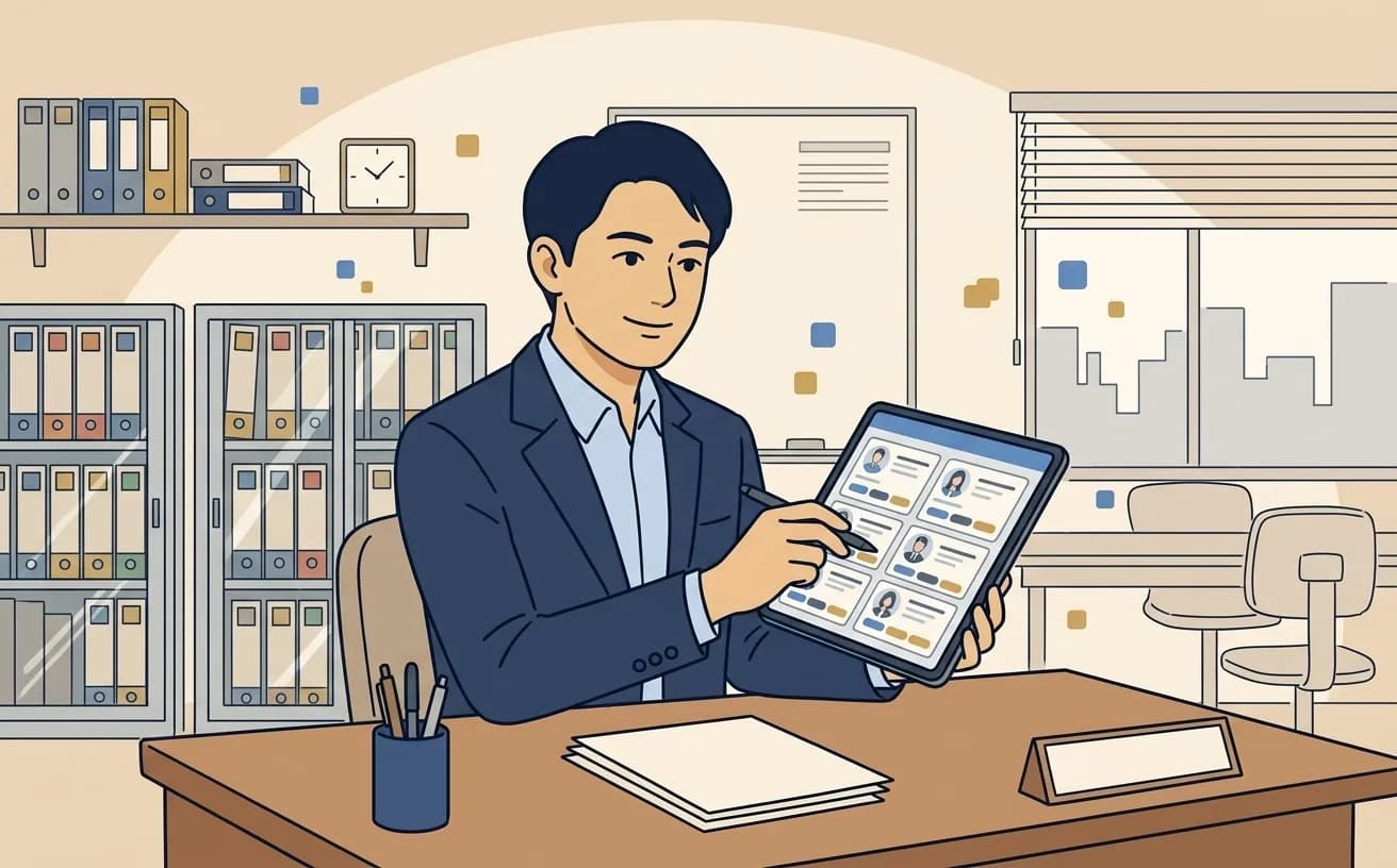 士業事務所の担当者がタブレットで相続財産調査の状況を確認しているイラスト