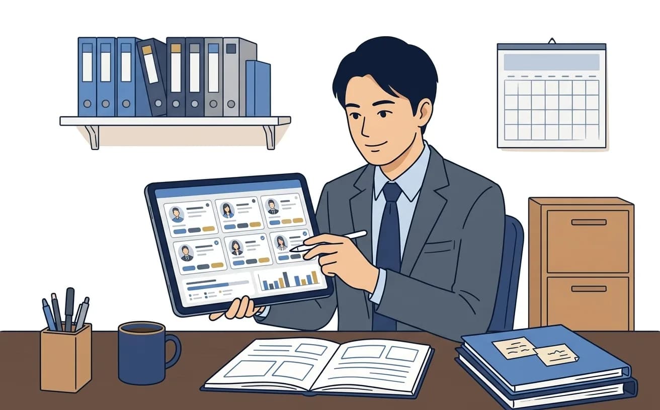 士業事務所の担当者がタブレットで顧問先対応履歴を確認しているイラスト