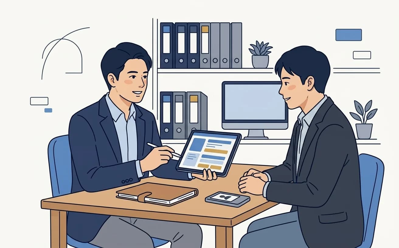 士業事務所の面談室で担当者が依頼者の会社代表と向き合いタブレットで取引時確認の項目を記録しているイラスト