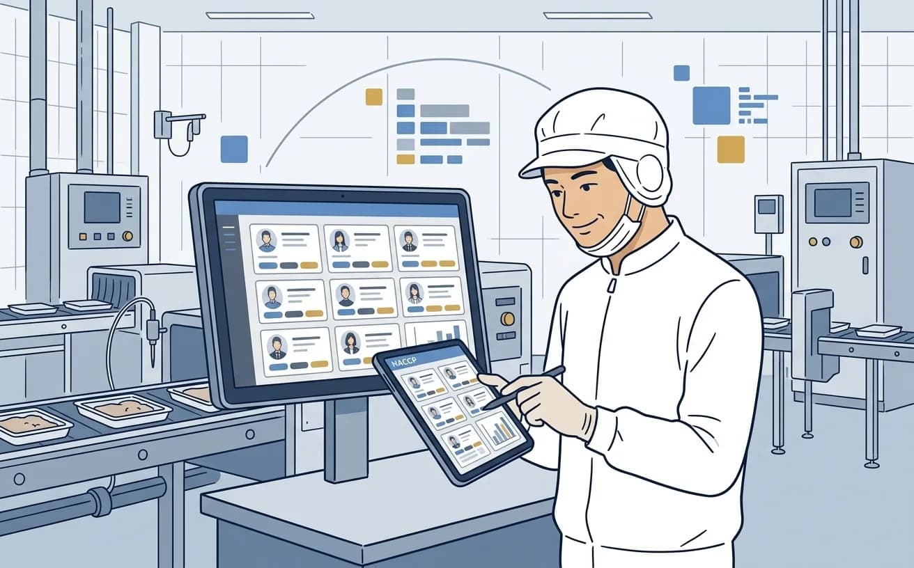 食品製造業の担当者がタブレットでHACCP記録を入力しているイラスト