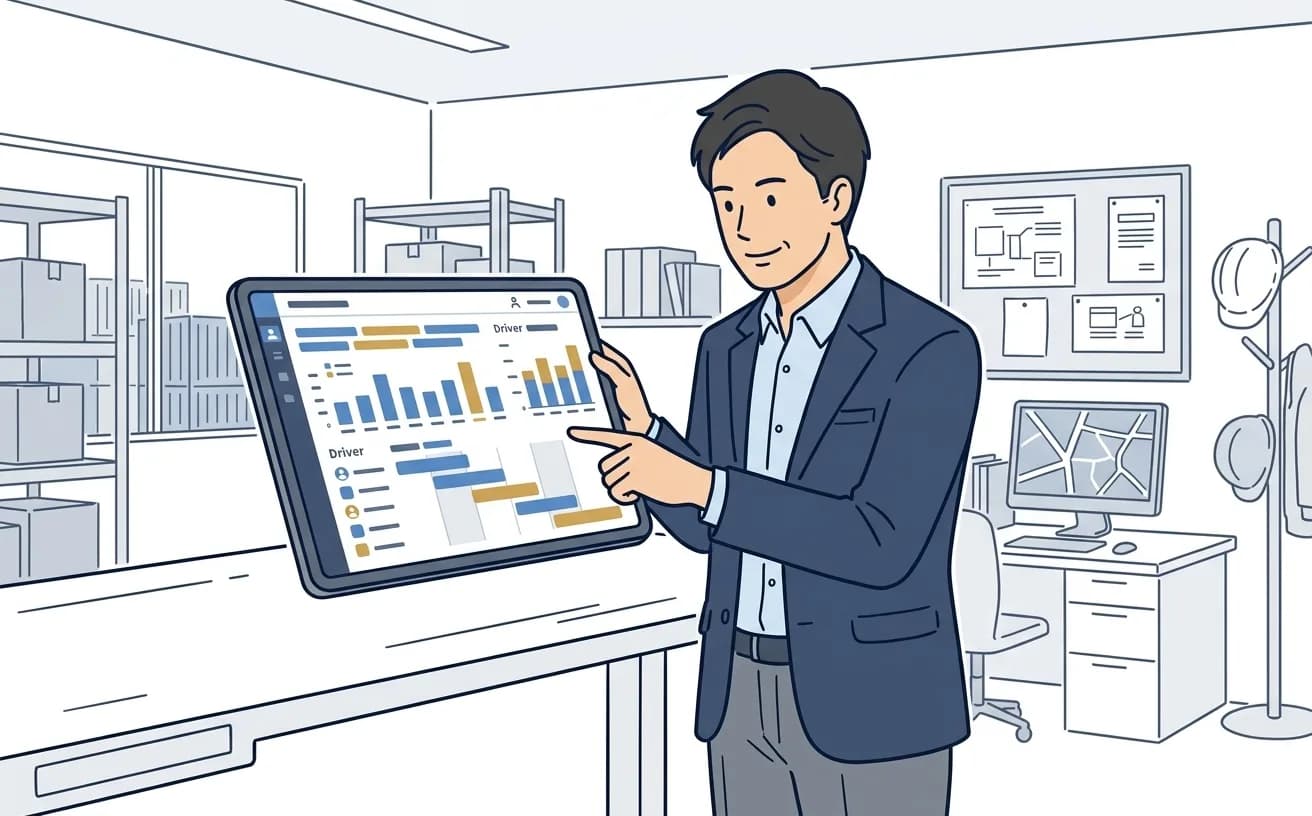 運送会社の管理者がタブレットでドライバー労務管理の画面を確認しているイラスト