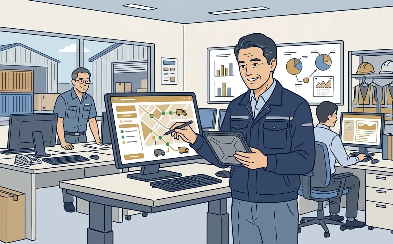 運送会社の配車担当者がタブレットでAI配車案を確認しているイラスト