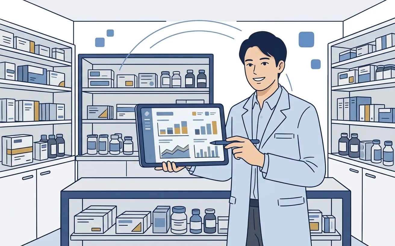 調剤薬局の薬剤師がタブレットで在庫管理AIの画面を確認しているイラスト